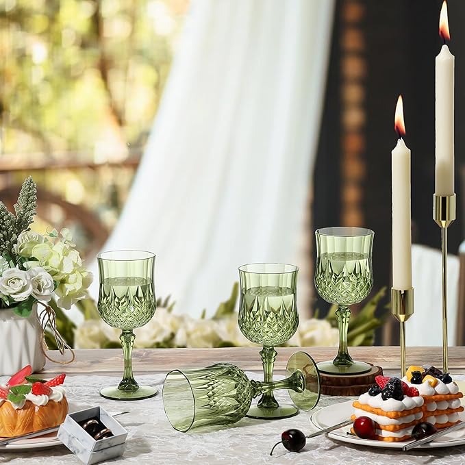 XUWAIDSGN 48 Pcs 7oz Plastic Vintage Wine Glasses Drinking Glasses Unbreakable Wedding Glassware Crystal Water Goblets Reusable Drinkware Vintage Champagne Flutes (48, Dark Green)