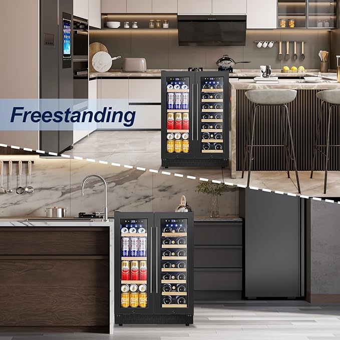 Wine and Beverage Refrigerator with Glass Door, 24-Inch Dual Zone Wine Fridge Under-Counter,4.6 Cu.Ft. 65 Cans and 20 Bottles Wine Cooler,Built-in or Freestanding Wine and Drink Fridge with Blue Light