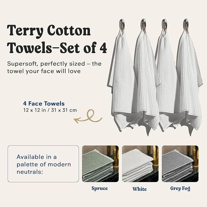 ONSEN Terry Cotton Waffle Face Towel Set – 4 Pack Luxury Cotton Face Towels, Quick Dry & Absorbent Washcloths – Soft, Lightweight, Durable Bathroom Towels for Everyday Use (White, 12x12 in)