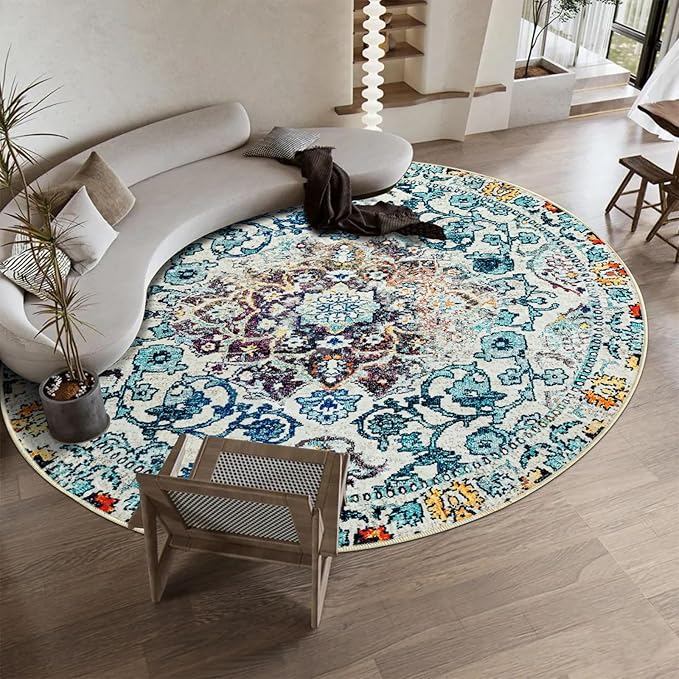 Easy-Going Round Area Rug 3ft Washable Boho Small Circle Rugs for Living Room Non-Slip Bedroom Rug Low Pile Lightweight Medallion Distressed Throw Rug for Dining Room Kitchen Office, Vintage Multi
