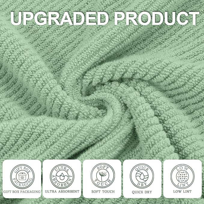 VOOVA & MOVAS Green Towels for Bathroom, 100% Cotton | Quick Dry | Soft | Thick, 3 Piece Towel Set, 1 Large Bath 30" x 56", 1 Hand 18" x 28", 1 Wash Cloth 13" x 13", Bathroom Essentials, Sage Green