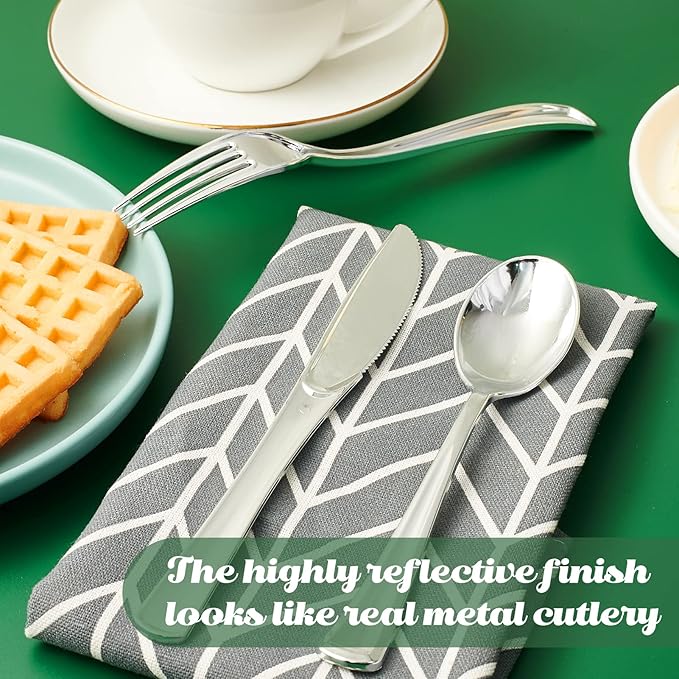 FOCUSLINE 300 Pack 6.8" Disposable Silver Plastic Spoons, Solid and Durable Plastic Cutlery Spoons, Heavy Duty Disposable Utensil Silverware for Catering, Parties, Dinners, Weddings