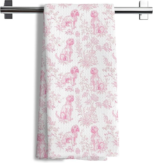 Shih Tzu Dog Gifts for Pink Chinoiserie Floral Decor Kitchen Towels，Pink Shih Tzu Dog Grandmillennial Decorative Dish Tea Towels for Kitchen Bathroom,16x24 Inch