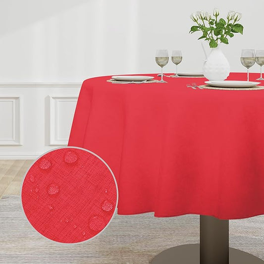 Easy-Going Faux Linen Waterproof Spill-Proof Tablecloth Stain Resistant Round Table Cloth Wrinkle Free Decorative Fabric for Kitchen, Dining, Party, Weddings, Restaurants (60 in-Round, Red)