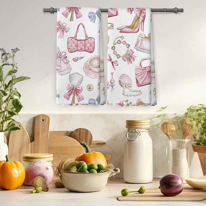 Coquette Bow Pink Bathroom Decor Kitchen Towels Set of 2, Women Fashion Hand Towels for Bathroom, Makeup Brush Perfume High Heel Modern Bath Decorative Tea Towel Dish Towels 16x24 Inch