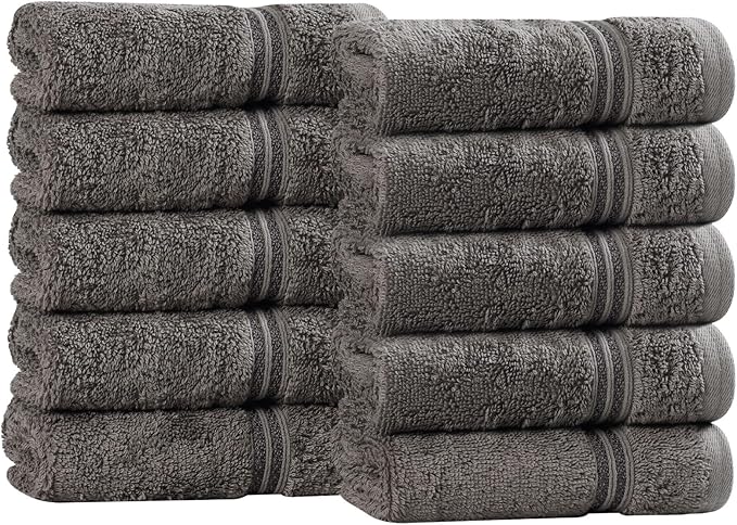 Superior Egyptian Cotton Face Towel/Washcloth Set, Small Towels for Home Bathroom, Master, Guest Bath, Decor Essentials, Quick Dry, Absorbent, Spa, Hotel, Resort, Adult, Kids, Set of 10, Charcoal