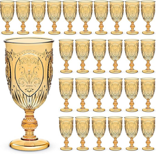48 Pcs Plastic Goblets 7.5oz Vintage Goblet Plastic Wine Glasses Colored Retro Embossed Water Goblets for Wine Bar Juice Baby Shower Wedding Reception Grand Event Party (Amber)