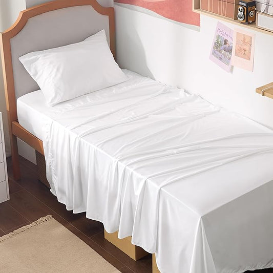 Bedsure Cooling Sheets Twin XL, Rayon Derived from Bamboo, Breathable & Soft Twin XL Sheet Sets, Deep Pocket Up to 16 Inches, Hotel Luxury Silky Dorm Bedding for Hot Sleepers, White