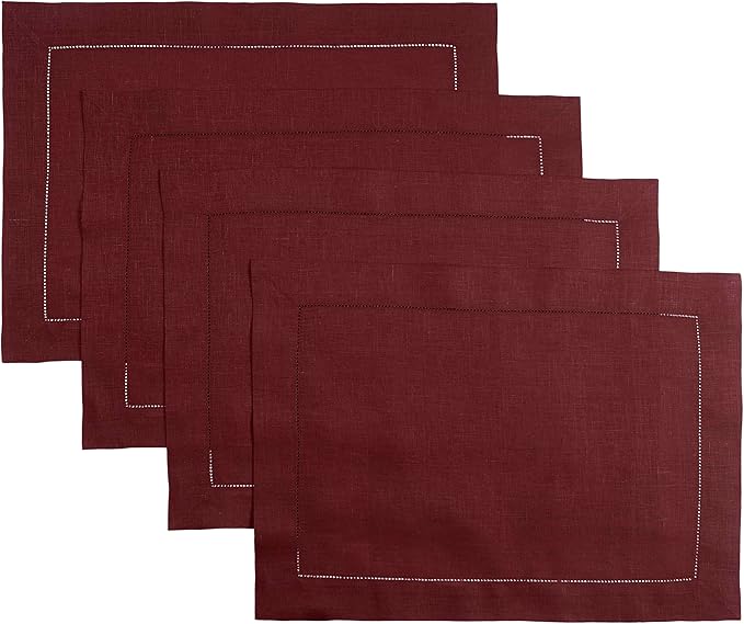 D'Moksha Homes Linen Placemats Set of 4 - Classic Hemstitch Dark Red Placemats 14 x 19 Inch - 100% Pure Linen Table Mats for Winter, Holiday, New Year - Handcrafted and Machine Washable