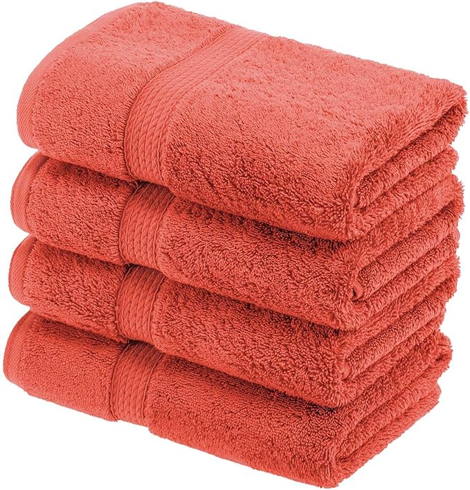 Superior Egyptian Cotton Pile Hand Towel Set of 4, Ultra Soft Luxury Towels, Thick Plush Essentials, Absorbent Heavyweight, Guest Bath, Hotel, Spa, Home Bathroom, Shower Basics, Coral