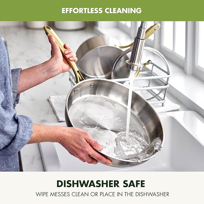 GreenPan Stainless Steel Cookware Set, 11 Piece, Induction Cookware, Dishwasher Safe, Oven Safe to 600F, Large 8QT Stock Pot, Sauce, Saute, Frying Pans, Pots & Pans Kitchen Essentials, Gold