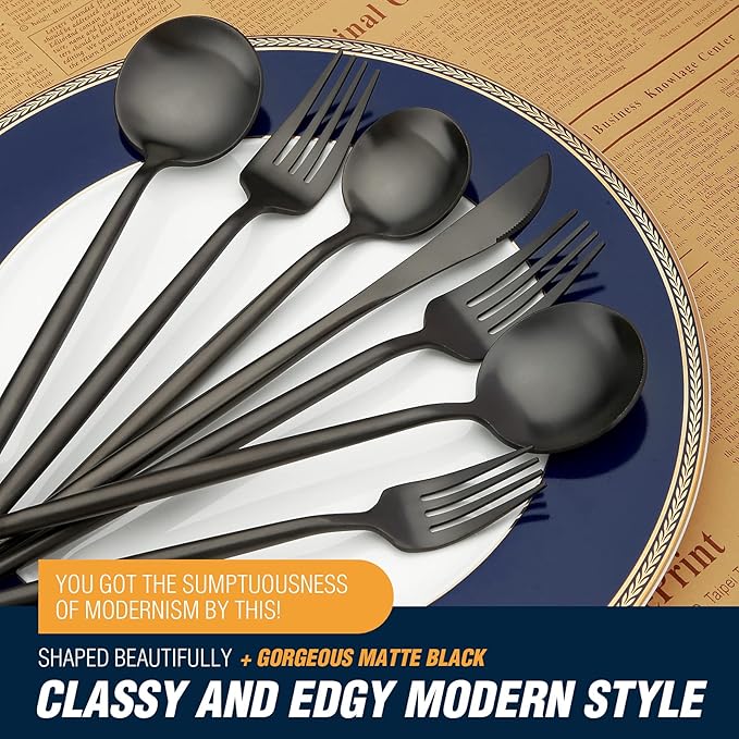 BirdyFly Black Silverware Set, 20 Piece Stainless Steel Flatware Set Service for 4, Matte Black Cutlery Set, Include Knives/Forks/Spoons, Dishwasher Safe