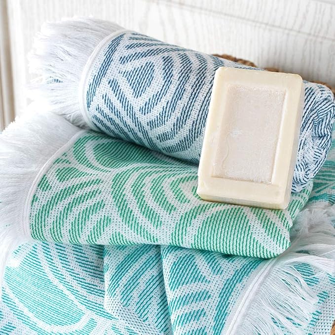 sea me at home Turkish Hand Towels for Bathroom, Kitchen Towels Decorative Set of 2, Luxury Turkish Cotton Dish Tea Towels 14 x 30 Inches for Modern, Boho, and Farmhouse Decor (Green Waves)