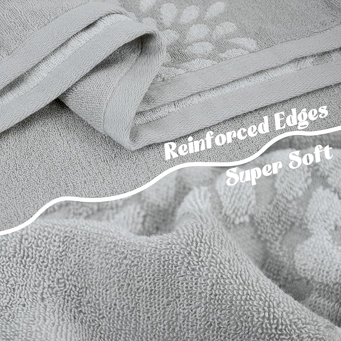 Cute Bath Towels Set of 2 (Light Grey) - Large 55” x 28”, Decorative Hydrangea Floral Jacquard, Guest Room & Bathroom Decor, Cotton