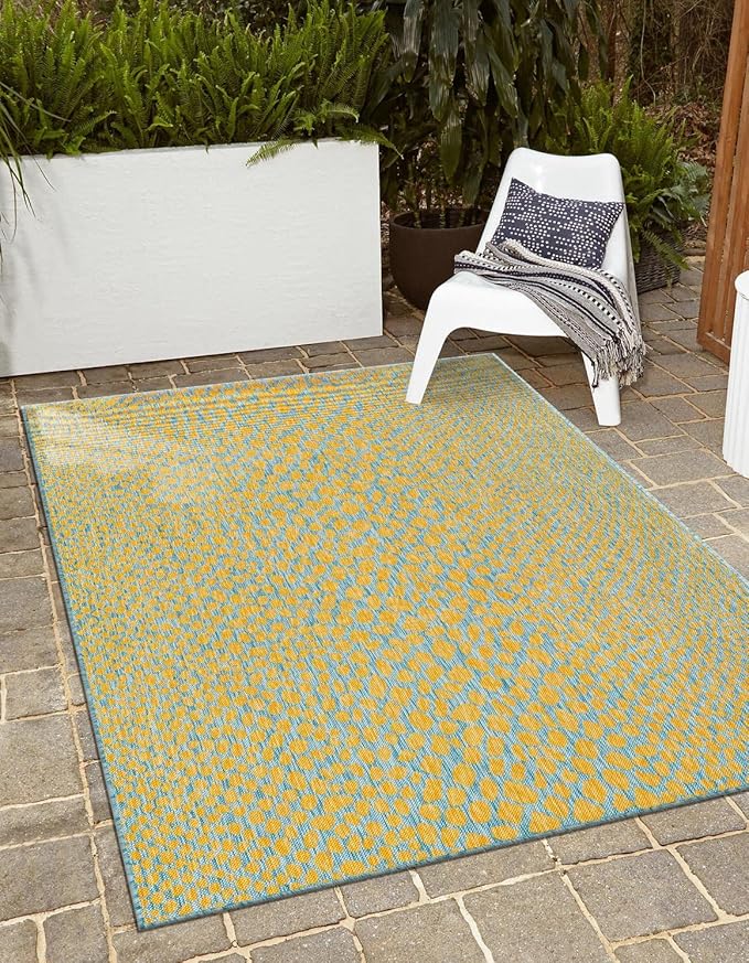 Unique Loom Jill Zarin Jill Zarin Outdoor Collection Area Rug - Cape Town (4' 1" x 6' 1" Rectangle, Yellow and Aqua/Light Blue)
