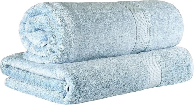 Superior Egyptian Cotton Pile Bath Sheet Set of 2, Ultra Soft Luxury Towels, Thick Plush Essentials, Absorbent Heavyweight, Guest Bath, Hotel, Spa, Home Bathroom, Shower Basics, Light Blue
