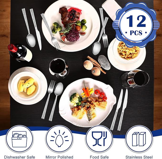 E-far 12-Piece Hammered Forks Spoons and Knives Set, Silverware Set for 4, Stainless Steel Square Flatware Set for Home Kitchen Restaurant, Mirror Polished & Dishwasher Safe