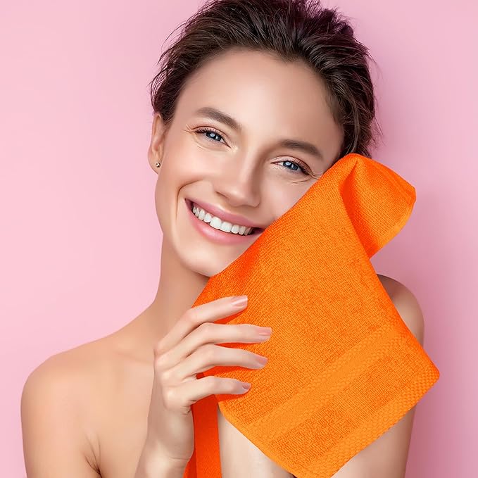 GLAMBURG Ultra Soft 12-Piece Washcloths Set 13x13-100% Ringspun Cotton - Durable & Highly Absorbent Face Towels - Ideal for use in Bathroom, Kitchen, Gym, Spa & General Cleaning - Orange