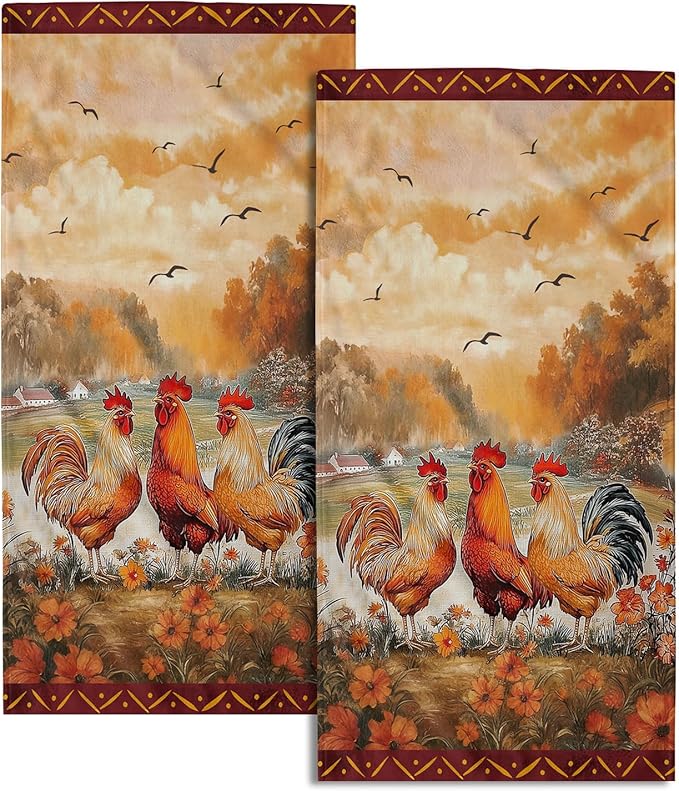 Imiss Farm Chicken Hand Towels Set of 2 Vintage Rooster Floral Bathroom Towel 14.4 x 28.3 Inch Farmhouse Rustic Kitchen Tea Dish Cloth for Guest Spa Home Housewarming Gift