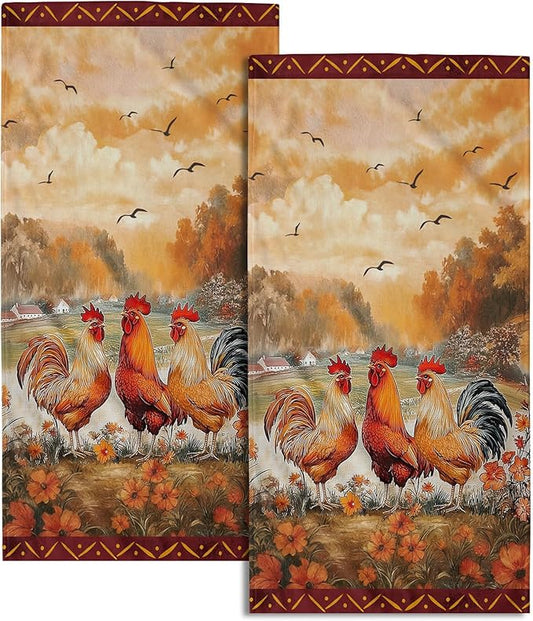 Imiss Farm Chicken Hand Towels Set of 2 Vintage Rooster Floral Bathroom Towel 14.4 x 28.3 Inch Farmhouse Rustic Kitchen Tea Dish Cloth for Guest Spa Home Housewarming Gift