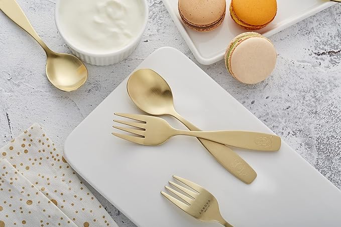 ANNOVA Kids Silverware Children's Safe Flatware Set Stainless Steel - Children Forks, Children Tablespoons, Toddler Utensils, Metal Cutlery Set for LunchBox (Gold, 6)