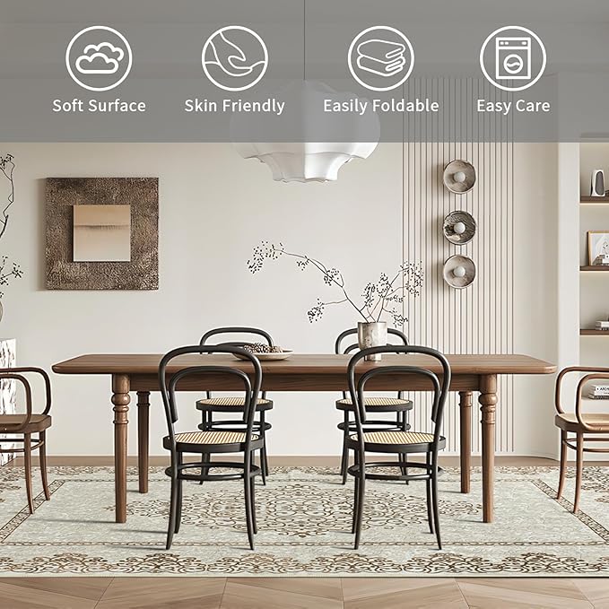 Easy-Going Area Rug 6x9 Washable Boho Neutral Rugs for Living Room Non-Slip Bedroom Rug Low Pile Lightweight Floral Brown Print Vintage Throw Rug for Dining Room Bathroom Kitchen Home Office Carpet