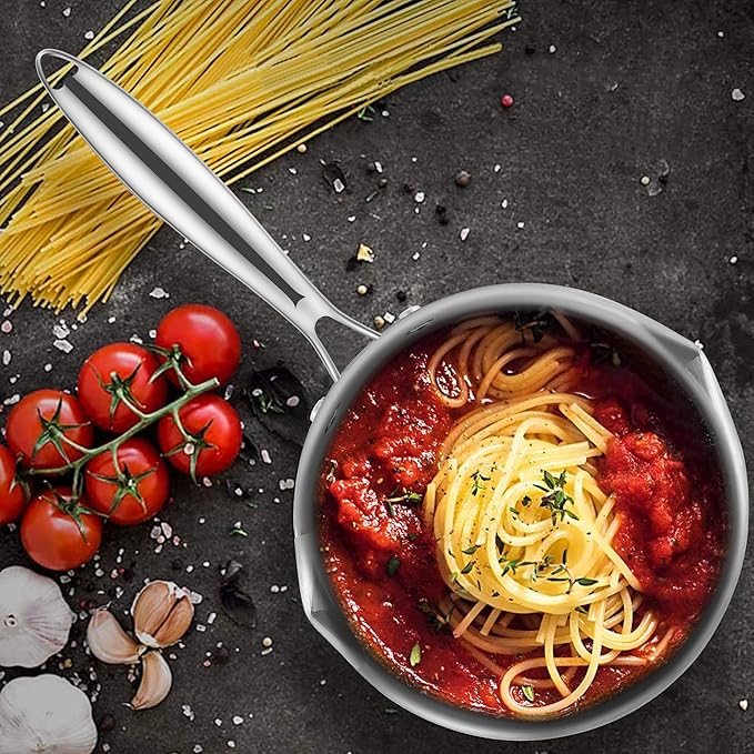 2.5 Quart Stainless Steel Pot Saucepan with Glass Strainer Lid, Sauce Pot with Two Side Spouts, Induction Cooking Pot, Multipurpose Sauce Pan with Lid for Cooking(Tri-Ply Full Body)