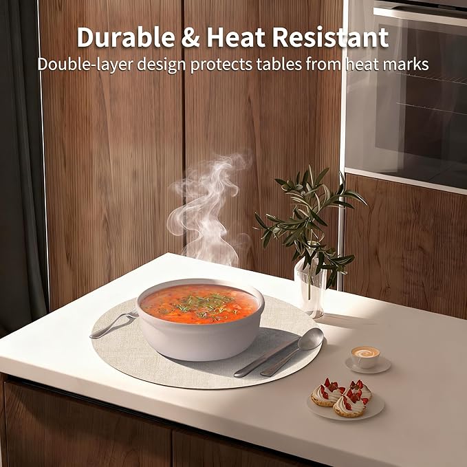 Maxpearl Round Placemats Set of 6, 13.8 inch Faux Leather Heat Resistant Table Mats, Non Slip Waterproof Wipeable Place Mats for Kitchen Dining Holiday Party Table Settings, Beige