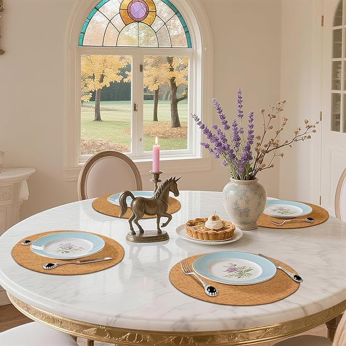 homing 15 Inch Round Cloth Placemats Set of 4, Cotton Linen Blend Washable Table Mats, Farmhouse Dining Place Mats for Indoors & Outdoors, Easy to Clean, Amber