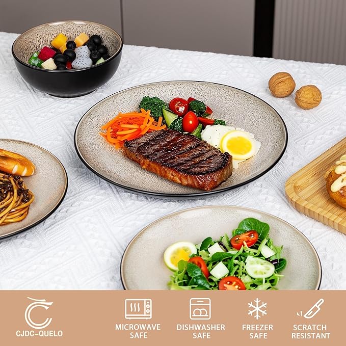 Plates and Bowls Sets for 6 - CJDC-QUELO 18-Piece Stoneware Dinnerware Sets, Ceramic Dishware Set for Indoor Kitchen Use and Formal Dining, Chip and Scratch Resistant Microwave Dishwasher Safe, Brown