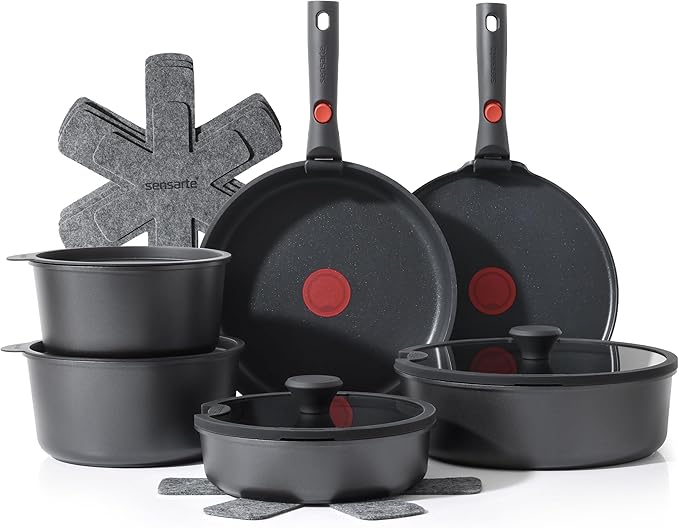 SENSARTE 17 Piece Pots and Pans Set, Nonstick Detachable Handle Cookware Set, Induction Thermo-Signal Cookware Set with Removable Handle, Healthy Non Stick for RV, Dishwasher ＆ Oven Safe (Black)
