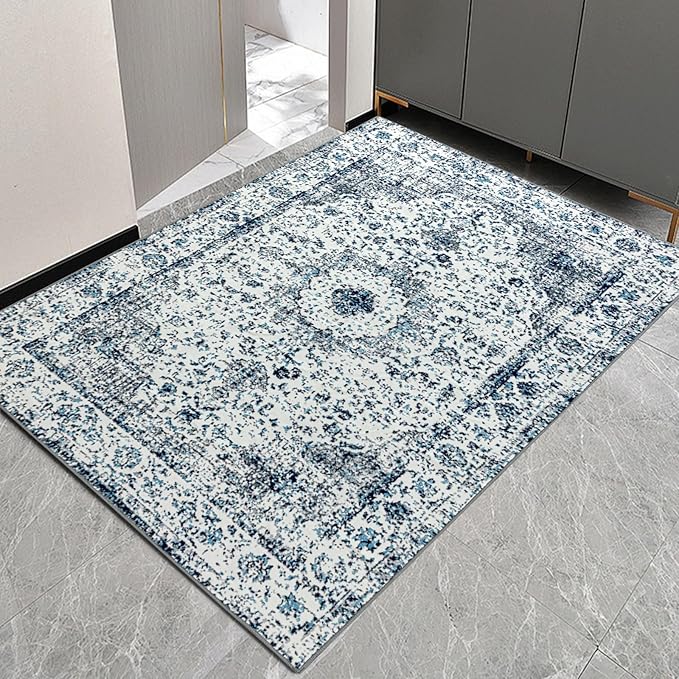 Easy-Going Boho Area Rug 3x5 Entryway Rug Washable Inside Door Mats for Home Entrance Non-Slip Vintage Small Rugs for Entry Living Room Bedroom Kitchen Bathroom Lightweight Carpet, Floral Blue Cream