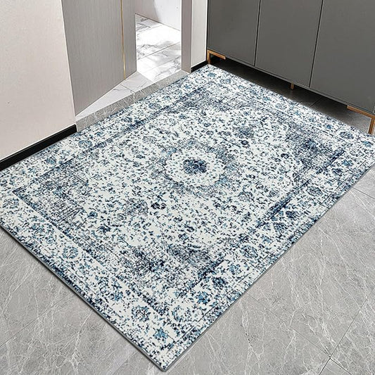 Easy-Going Boho Area Rug 3x5 Entryway Rug Washable Inside Door Mats for Home Entrance Non-Slip Vintage Small Rugs for Entry Living Room Bedroom Kitchen Bathroom Lightweight Carpet, Floral Blue Cream