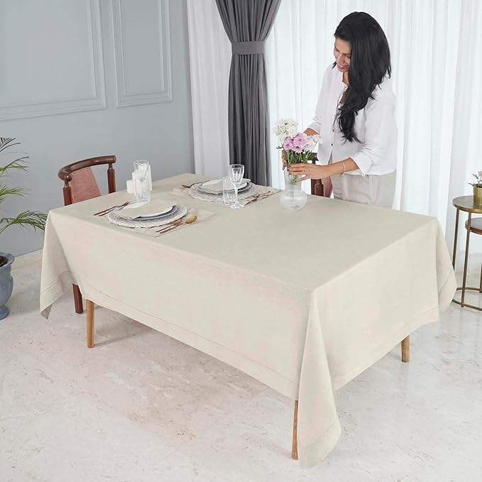 D'Moksha Homes Light Natural Linen Tablecloth 60 x 120 Inch - 100% Pure Linen Hemstitch Tablecloth for Rectangle Tables - Classic Hemstitch, Machine Washable Table Cloth for Winter. Christmas, Holiday