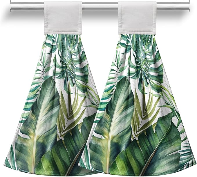 Summer Tropical Banana Leaf Hand Tie Towel Green Palm Leaves Kitchen Towels with Hanging Loop Jungle Hanging Dish Towel 2 Pcs Decorative Absorbent Tea Towels for Bathroom Kitchen