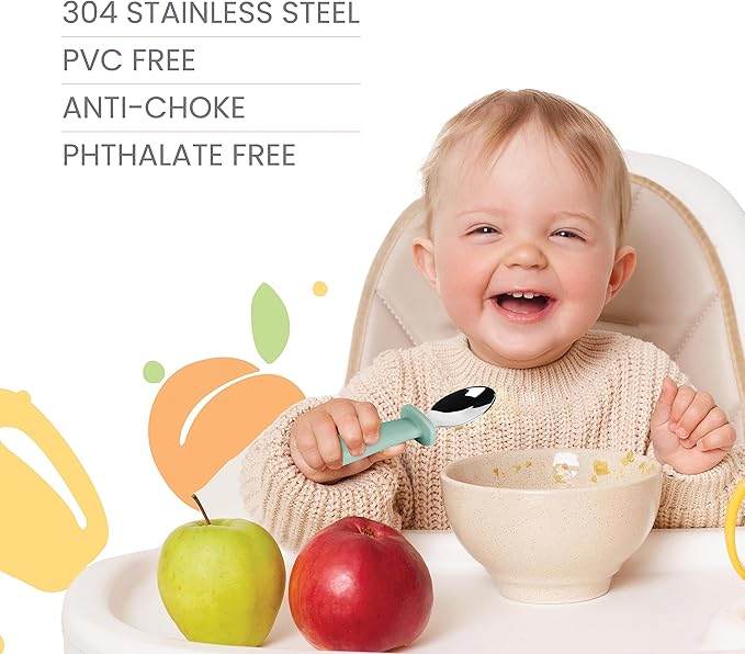 Lulyboo Baby Silverware Set - Stainless Steel Fork & Spoon with Easy-Grip Handles, BPA-Free, Dishwasher Safe, Perfect for Tots 4+ Months, Self-Feeding Utensils for Infant & Toddler, Green