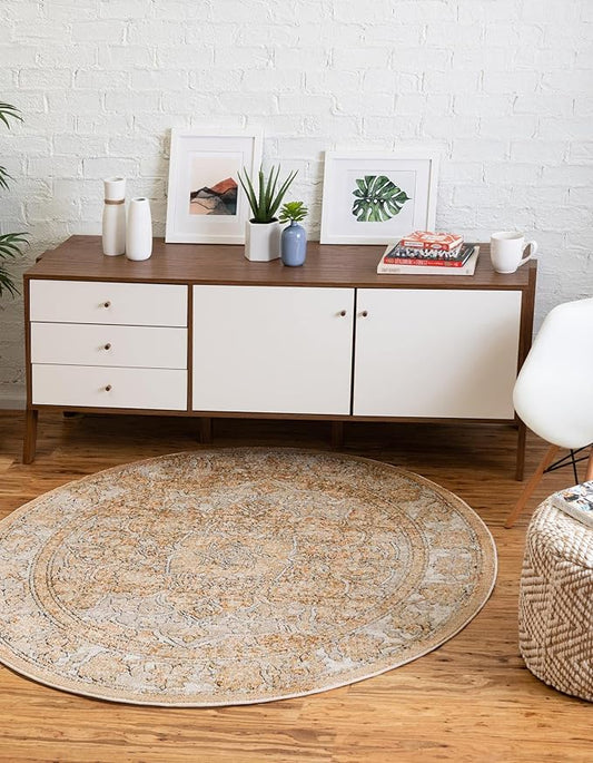 Unique Loom Isabella Collection Area Rug - Adjani (3' 3" Round, Beige/ Black)