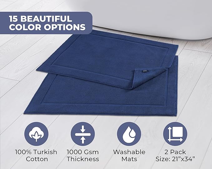 Hawmam Linen Royal Blue Bath Mats, 21 x 34 inches, Pack of 2-100% Ring Spun Cotton,[Not a Bathroom Rug] Banded Design, Highly Absorbent, Machine Washable for Bathroom Floor Towel
