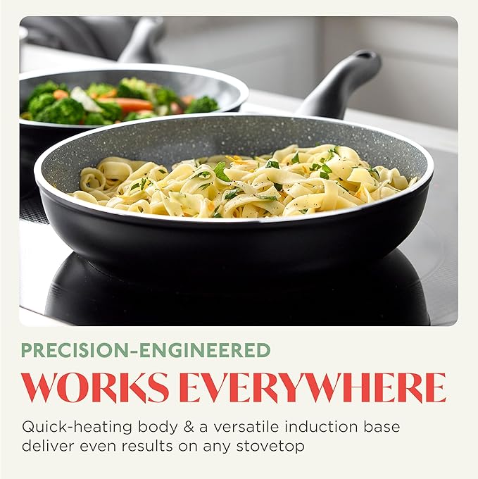 Rigoletto 9.5” Nonstick Frying Pan Skillet, Made in Italy, Layered Ceramic PFAS-Free Surface, Induction Ready, Dishwasher & Metal Utensil Safe, Granite Finish, Stay-Cool Handle,Black