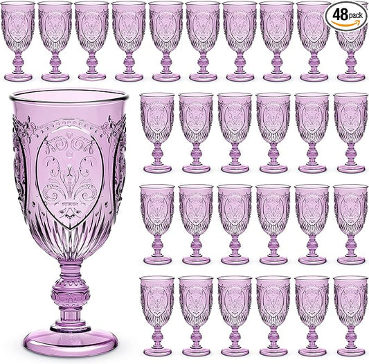 48 Pcs Plastic Goblets 7.5oz Vintage Goblet Plastic Wine Glasses Colored Retro Embossed Water Goblets for Wine Bar Juice Baby Shower Wedding Reception Grand Event Party (Purple)