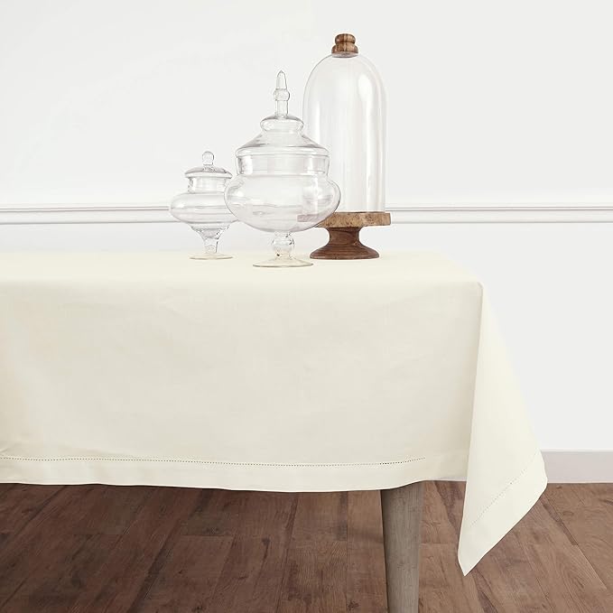 Solino Home Ivory Tablecloth 54 x 72 Inch - Cotton Linen Hemstitch Rectangular Tablecloth - Machine Washable Table Cloth for Holiday, New Year
