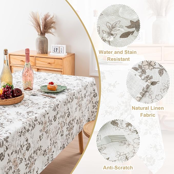 H.VERSAILTEX Linen Table Cloths Floral Printed Tablecloth Spill-Proof Waterproof Table Cover for Dining Buffet Feature Soft and Thick Fabric Wrinkle Free, 60 x 60 Inch, Retro Floral - Brown