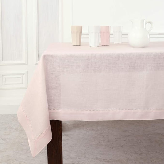 Solino Home Pink Linen Tablecloth 52 x 52 Inch - 100% Pure Linen Square Table Throw - Classic Hemstitch, Machine Washable Table Cloth for Valentines