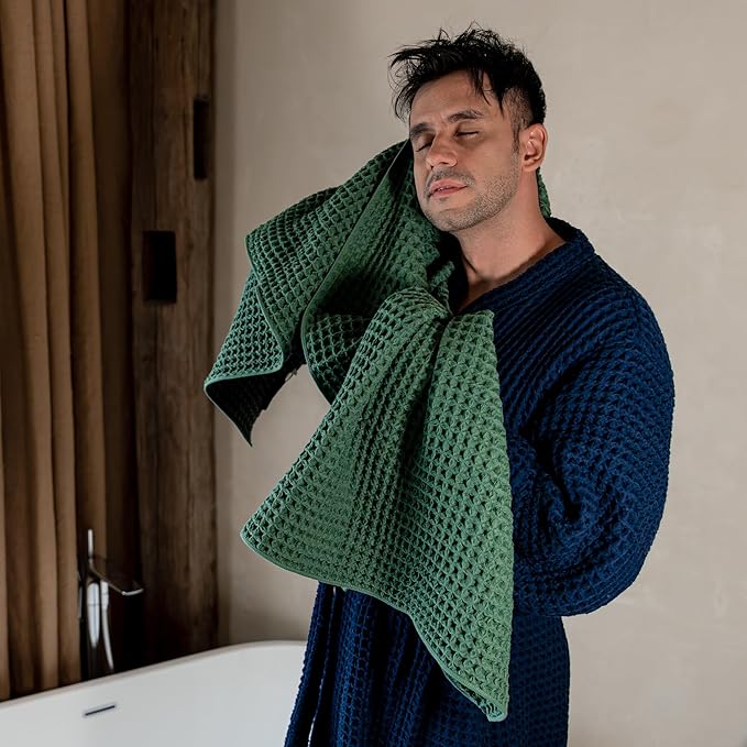 Luxury Organic Japanese Cotton Waffle Bath Towel | Thick, Absorbent, Quick Dry Bathroom Towels for Shower, Sauna, Onsen| Hotel & Spa Quality, Gift-Ready (Forest Green, Bath Sheet (Set of 2))