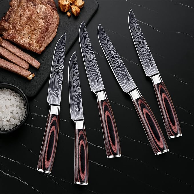 Seido Knives 5-Piece Straight-Edge Steak Knives Set - Full Tang with Ergonomic Pakkawood Handles, Stainless Steel Blades with Damascus Etching