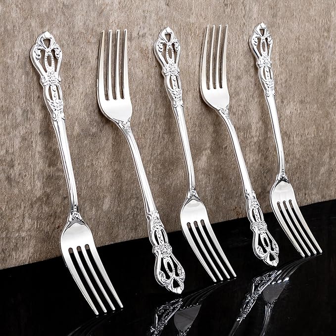 30PCS Silver Plastic Forks - 8.1inch Silver Forks Disposable - Vintage Heavy Duty Dessert Forks - Premium Fancy Plastic Silverware for Parties, Weddings, Dinners and Events