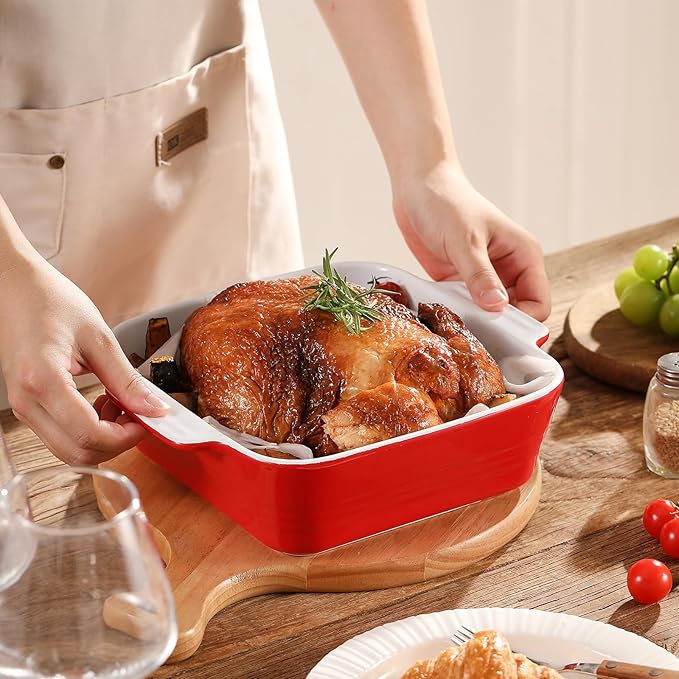 DOWAN 8x8 Baking dish, Square Baking Pan, Ceramic Casserole Dishes for Oven, Cake Pan with Handle, for Brownie, Lasagna, Casserole, 2 Quart, Home Gift, Wedding Gift, Red