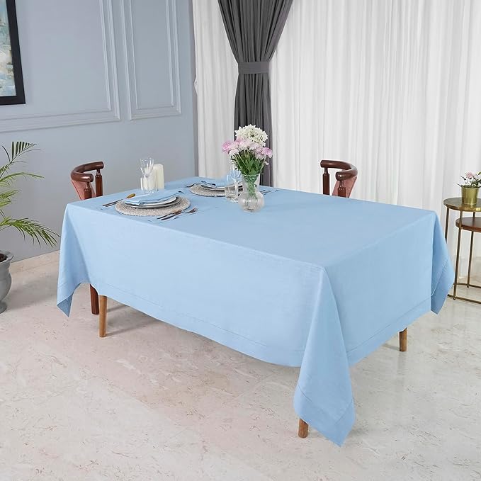 D'Moksha Homes Powder Blue Linen Tablecloth 60 x 108 Inch - 100% Pure Linen Blue Table Cloth for Rectangle Tables - Classic Hemstitch, Machine Washable Tablecloth for Holiday, New Year