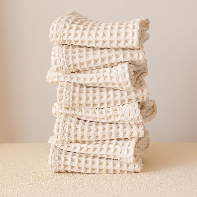 Waffle Washcloths Set of 8 Natural Undyed - Premium Quality 100% Turkish Cotton Face Washcloth, Soft Makeup Towel, Shower Cloth, Kitchen Towel (Natural, Set of 8 Washcloths)