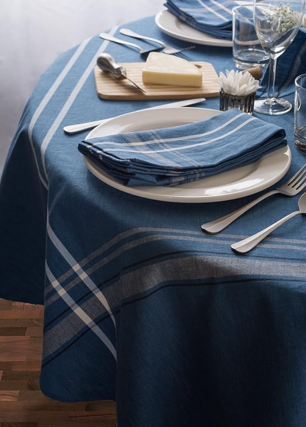 DII French Stripe Dining Table Collection Farmhouse Style Tablecloth, 70 Inches Round, Blue Chambray